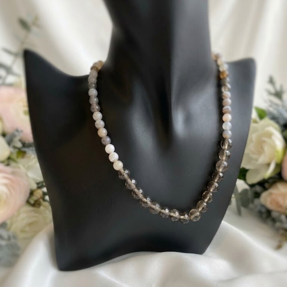 925 Silver - Vintage Genuine Bosnian Agate gems with faceted smokey quartz